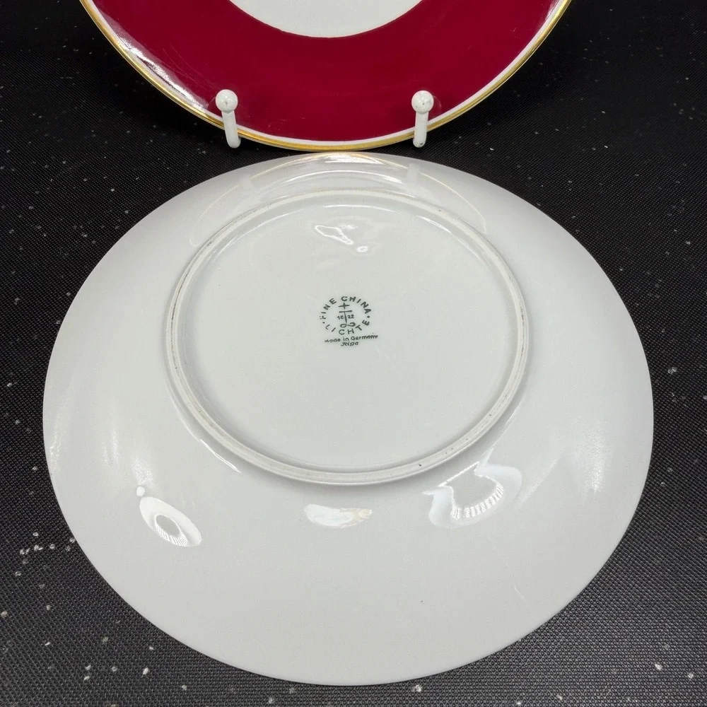 Lichte Fine China Riga Salad Plates Set 4 Red Gold Floral Germany 7 inch Vintage